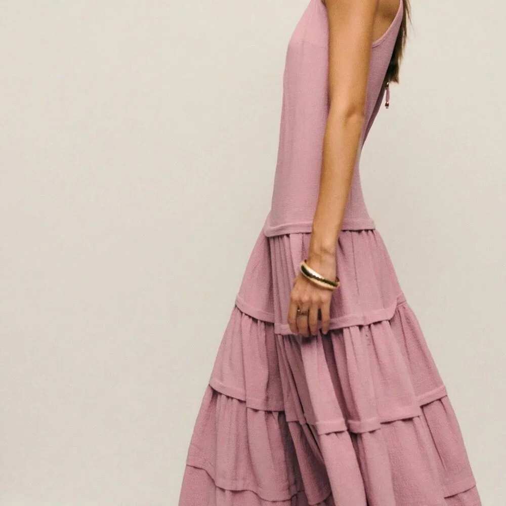 Rose Red Casual Women's Sleeveless High Neck Pleated Maxi Dress